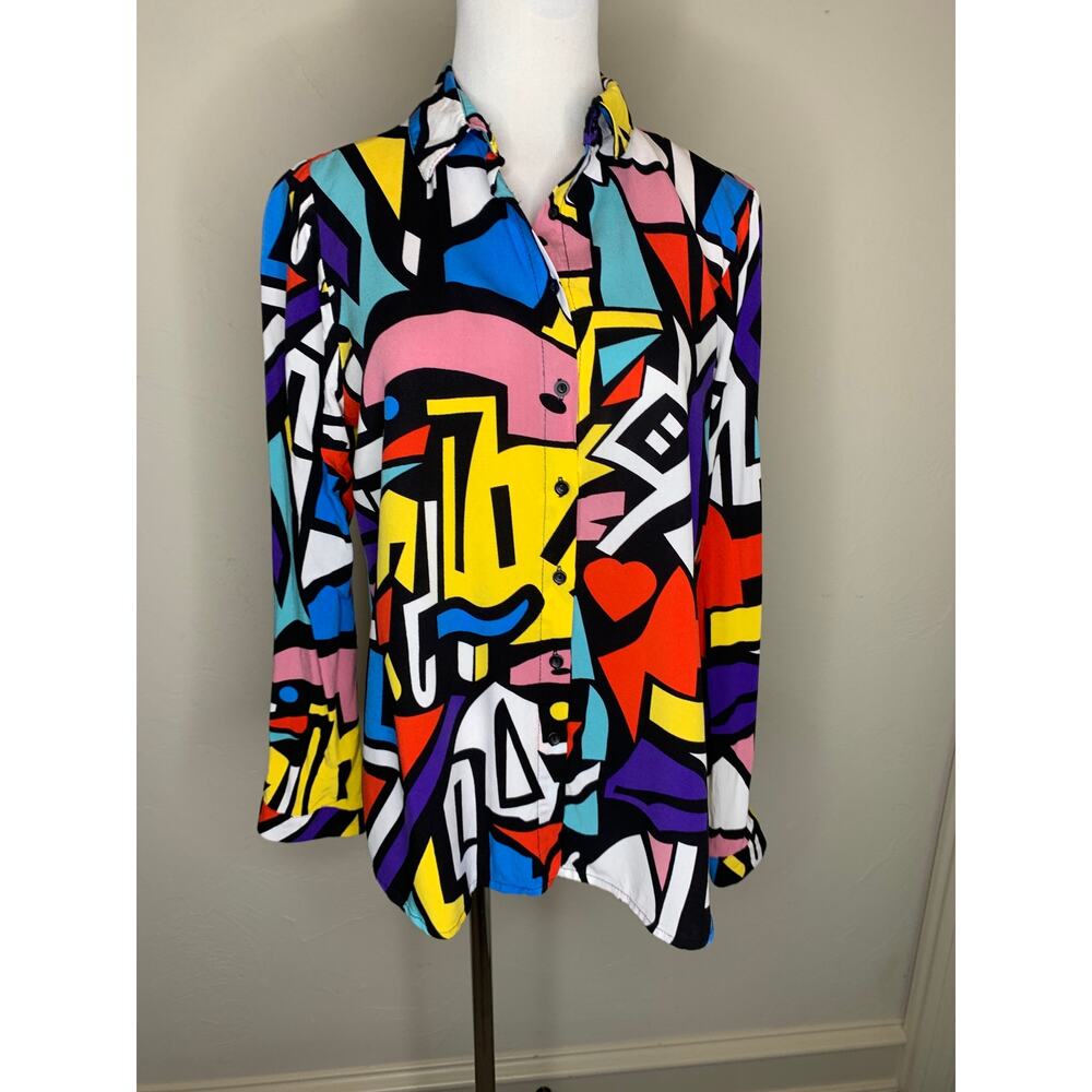Bright Geometric Print Mod Button Up Shirt Sz US 10 BIG DART Brand